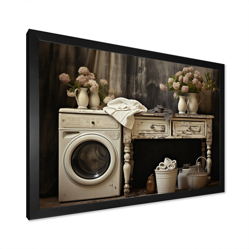 «Farmhouse Laundry Charm II», art mural, H 16 po x l 32 po x P 1 po, Cadre simple noir
