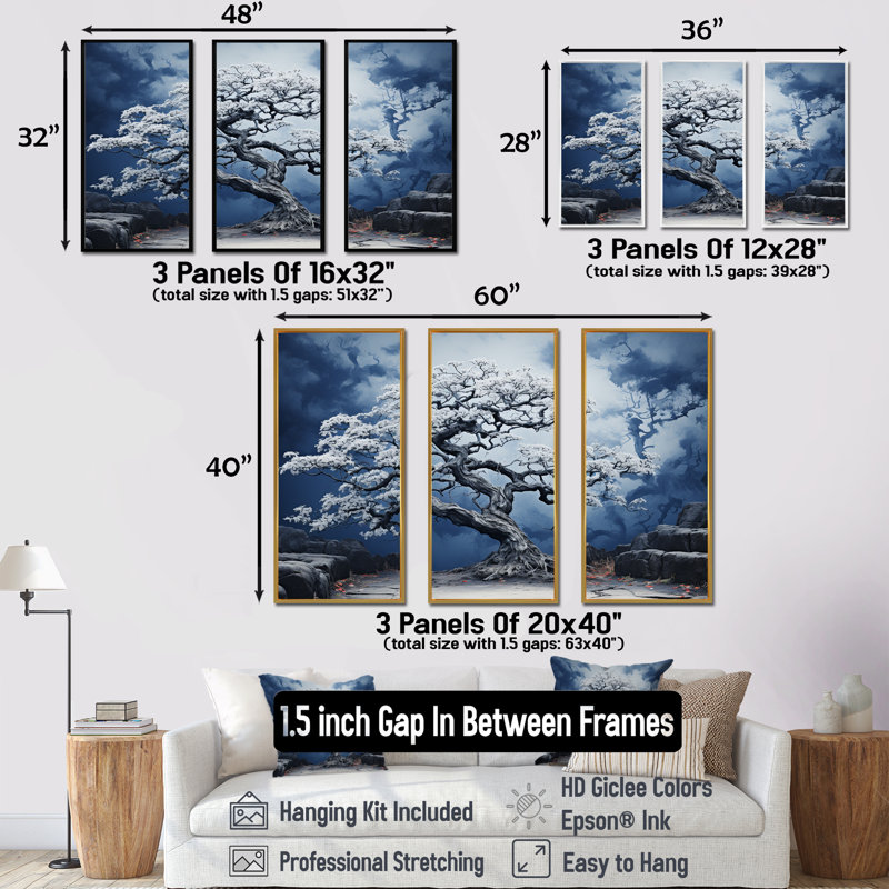 Fauvist Awakening Of Blue Oak Tree - Ensemble de décoration murale chêne, Cadre naturel flottant, H 32 po x l 48 po x P 1 po
