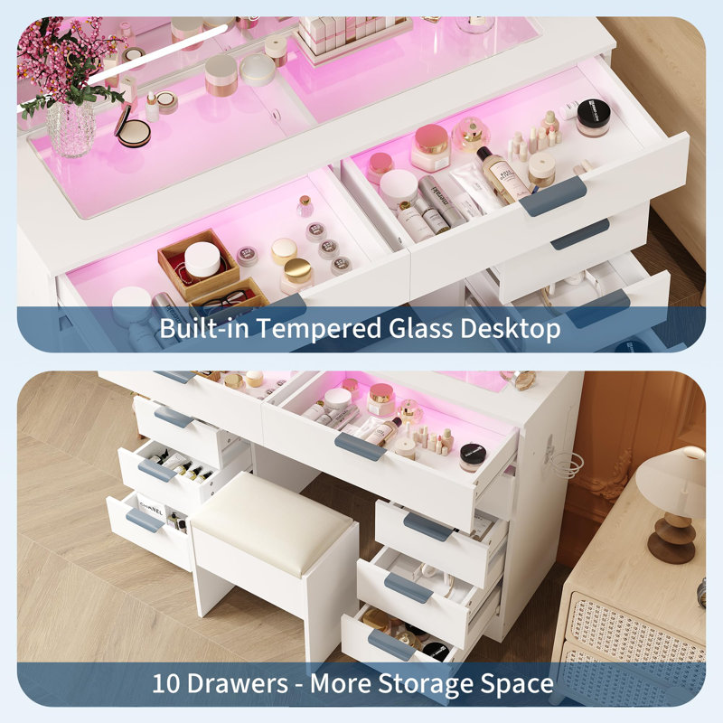 Makeup Vanity Desk with LED Mirror & Power Outlet – 10-Drawer Storage with Glass Top, 3-Color Lights, Hair Dryer Holder & Stool – Large Dressing Table Set for Bedroom, White