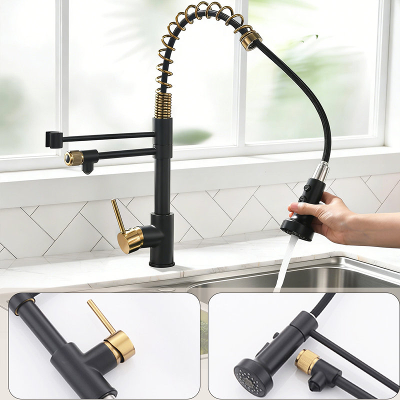 Kitchen Faucets With Pull Down Sprayer, Kitchen Sink Faucet With Dual Function Spray Head, Black/Gold