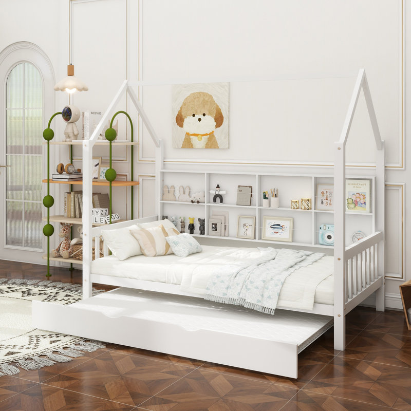 Lit simple en bois avec lit gigogne en bois, lit pour enfant avec tablette, blanc, Lit simple
