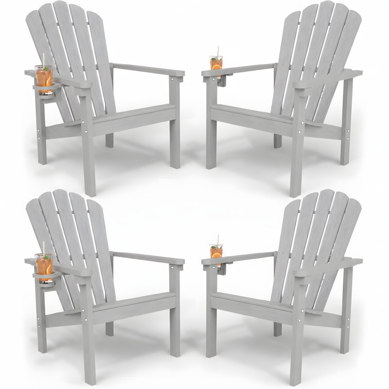 Pakkdiarie Set of 4 HDPE Stackable Adirondack Chairs with Cup Holders, All-Weather Outdoor Patio Chairs, Gray