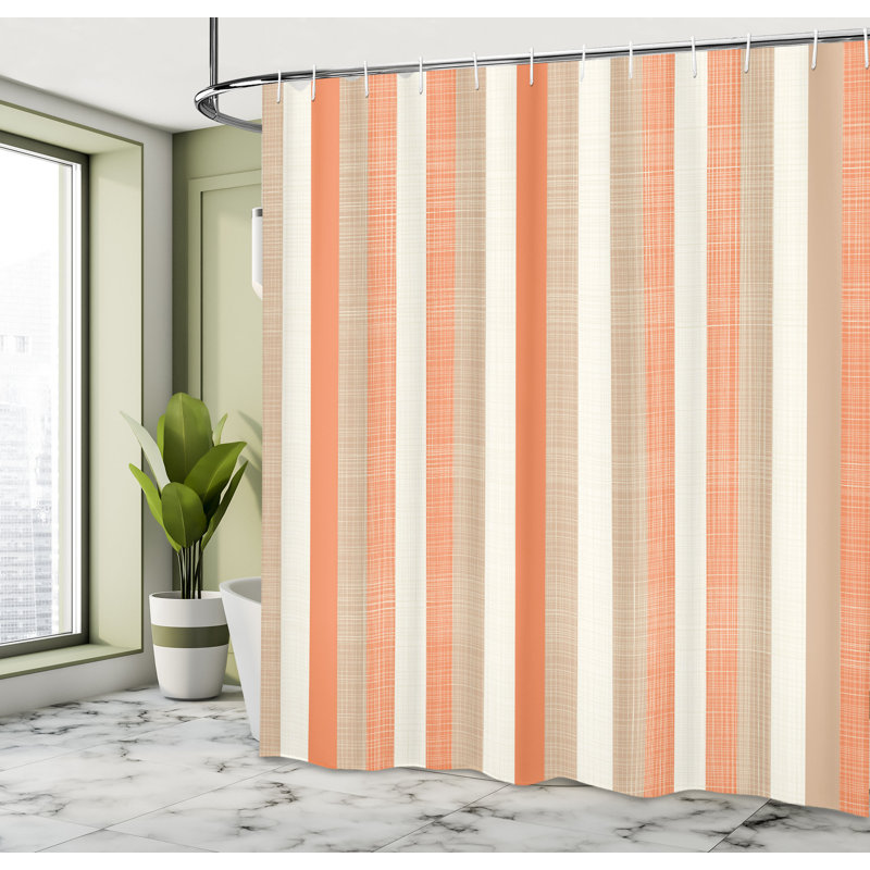 Burnt Orange and Beige Striped Fabric Shower Curtain with Hooks
