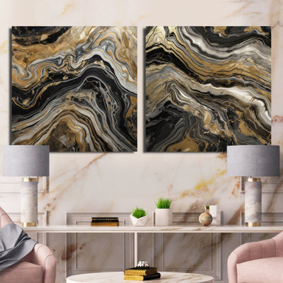 Exploring The Depths Of Black Gold Geode - Abstract Marble Square Collage Set Of 2