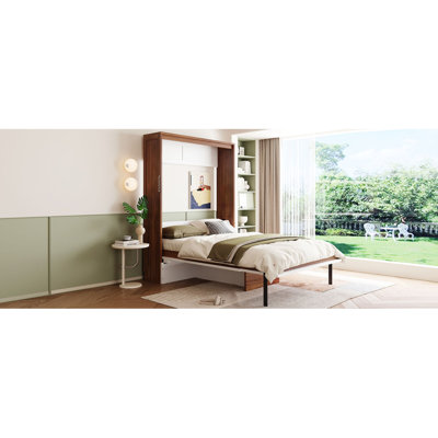 Full Size Murphy Bed With Foldable Desk – Space Saving Wall Bed - Walnut & White