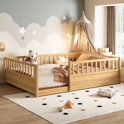 Elio Modern Pine Montessori Floor Bed with Extra-High Safety Guardrails