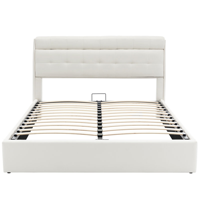 Bakki PU Upholstered Hydraulic Bed With Concealed Headboard Storage, Bed Box Storage, White, Kingsize (5')