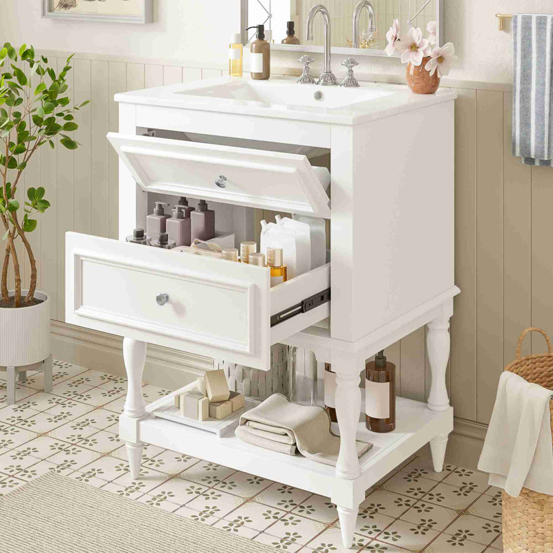 Meuble-lavabo de salle de bain avec tablette ouverte, Blanc / argenté