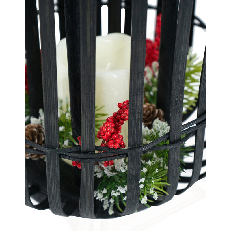 9.3X9.3X13.8" Black Bamboo Lantern With White LED Candle, 13.8" H x 9.3" W x 9.3" D