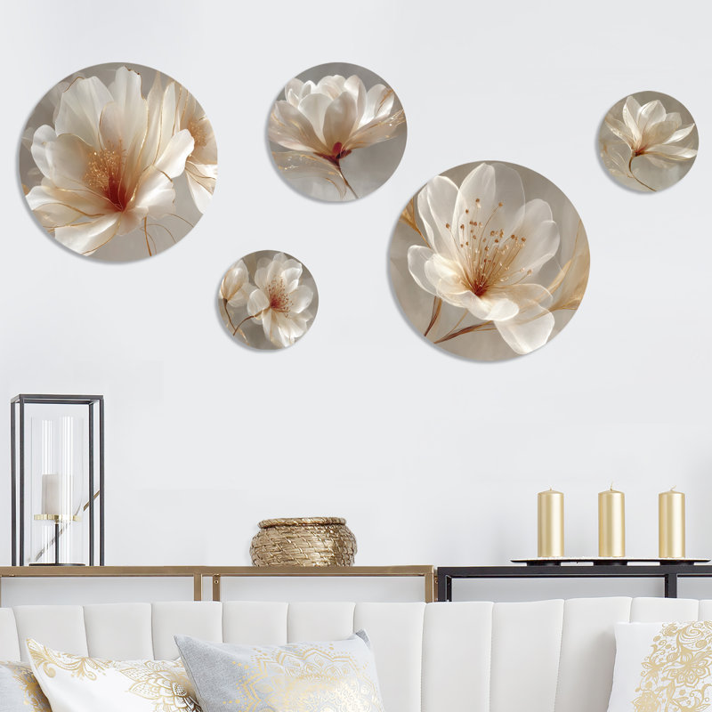 Délicat Magnolia doré - ensemble de 5 décorations murales Magnolias - ensemble de 5 décorations murales traditionnelles en métal