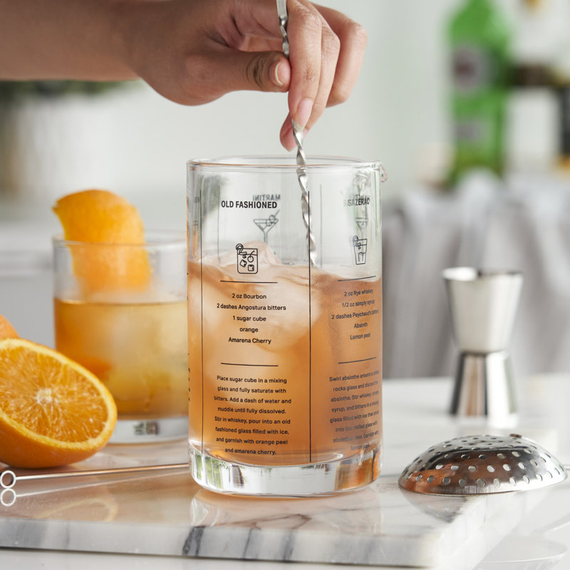 Clear Glass Recipe Mixing Glass with Printed Cocktail Recipes
