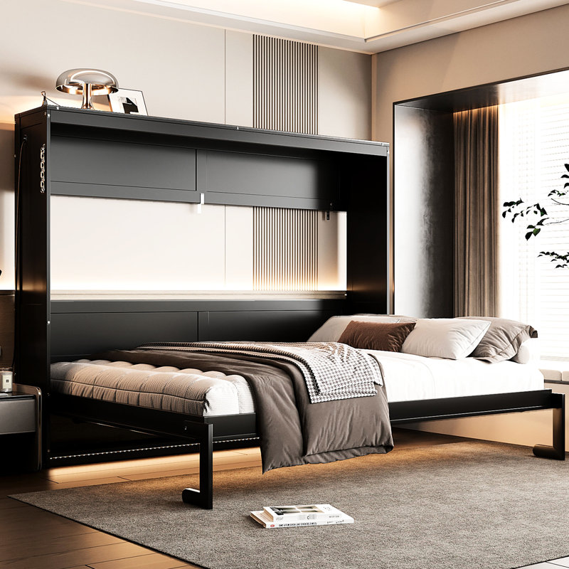Grand lit moderne avec imprimé, éclairage à DEL et charge, motif grand lit noir, lumières intégrées