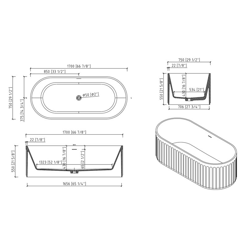 67'' x 29.5'' Freestanding Solid Surface Bathtub