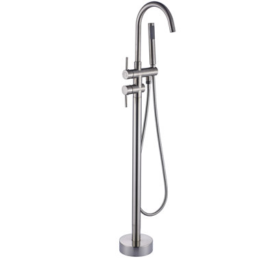 Robinet de baignoire autoportant à poignée simple avec douche à main, robinet en céramique, robinet en nickel brossé, bec pivotant à 360 degrés