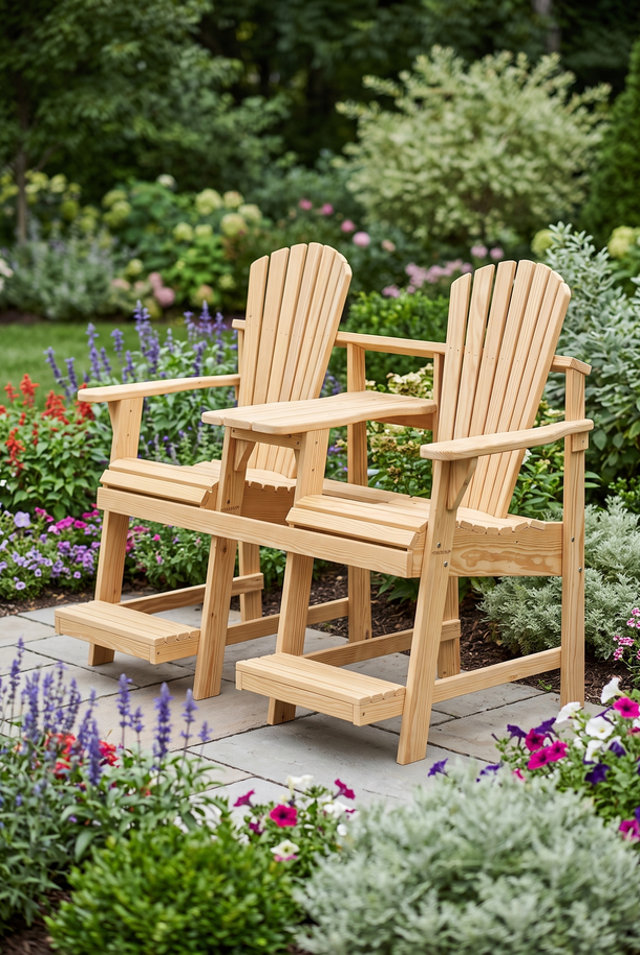 Two wooden Adirondack-style chairs connected by a center table with integrated footrests, positioned on a stone patio in a lush garden.