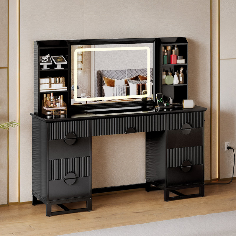  Meuble-lavabo cannelé 60 po avec grand miroir éclairé de 32 po, meuble-lavabo en bois avec lumières et plateau en verre, station de charge, noir