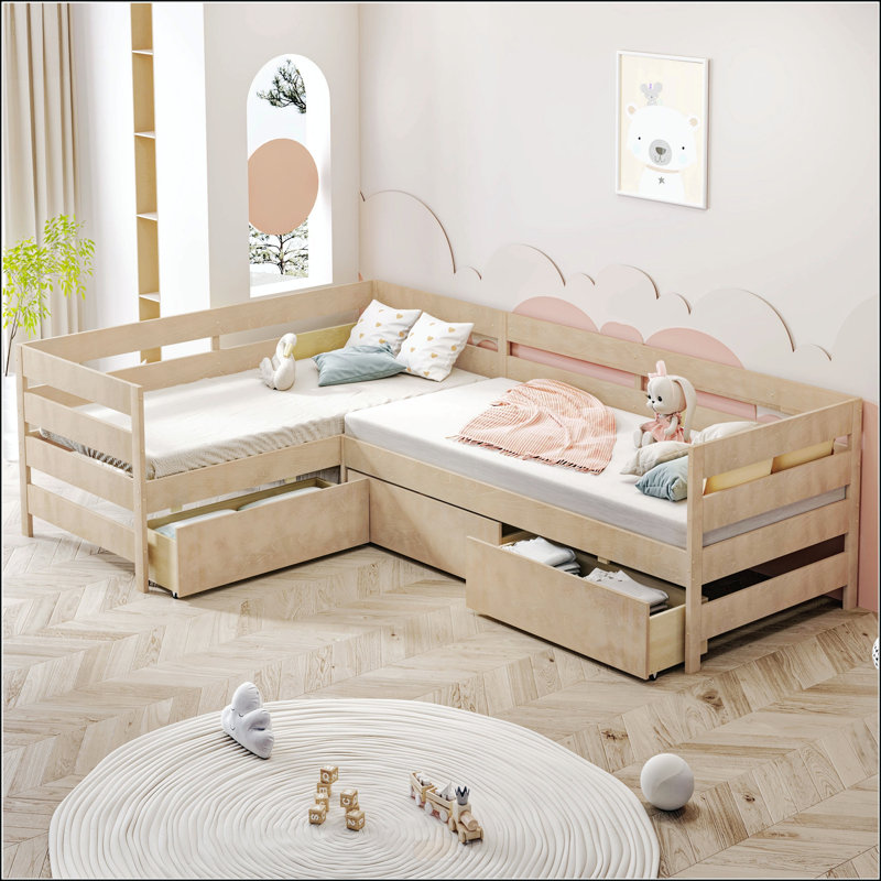 Lit plateforme simple en forme de L avec trois tiroirs de rangement, Naturel