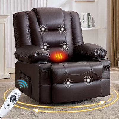 Rocker Recliner Chair with Massage and Heat for Adults,, 360°Swivel oversize recliner chair with Cup Holders, USB Charge Port, Side Pockets for Living Room,Nursery,Bedroom,BROWN