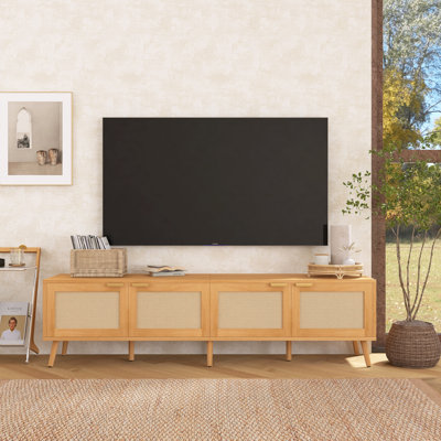 Meuble télé 70 po (pour téléviseurs de 80 po) - Portes en rotin, rangement et trous pour câbles
