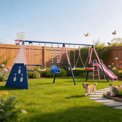 Balançoire en métal 8 en 1 pour jardin, capacité de charge de 363 kg, avec glissade, balançoire soucoupe de 102 cm, deux balançoires à ceinture, bascule, panier de basketball et but de football.