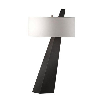 Lampe de table de qualité supérieure Obelisk, chêne noir, nickel satiné, abat-jour en coton et lin blanc, compatible avec les DEL écoénergétiques