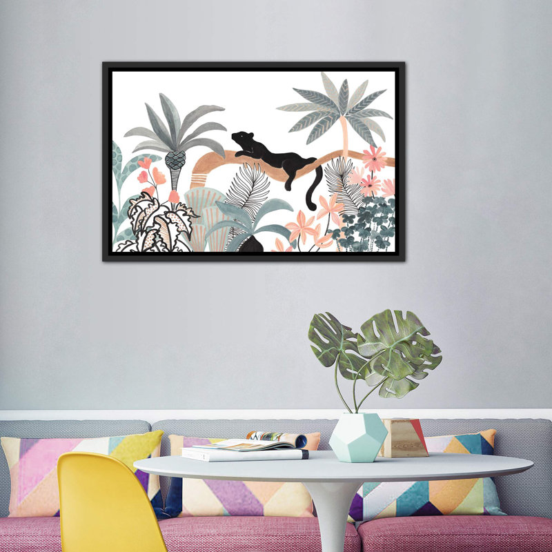 Jaguar dans la jungle, H 40 po x l 60 po x 1,5 po, Toile avec cadre noir patiné