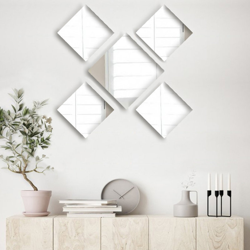 Élégant ensemble de miroir sans cadre 5 pièces comprenant (4) 7,9 po x 7,9 po et (1) 11,8 po x 11,8 po | Fabrication 100% verre, 0,16 po d'épaisseur | Parfait pour la décoration intérieure et l'esthétique moderne