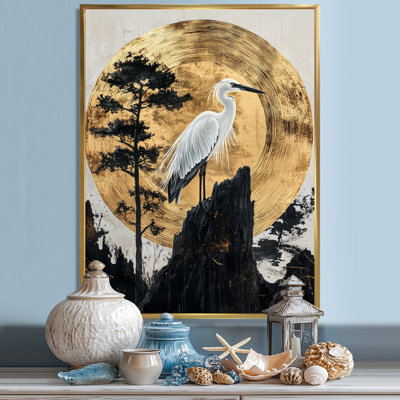 Azer Sunrise Heron In Golden Chinese Ink Landscape III - Heron Canvas Wall Art