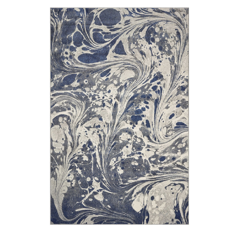 Tapis abstrait bleu, gris et ivoire 3 pi x 5 pi