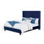 Cadre de grand lit bleu marine, transitionnel et moderne, revêtement en velours, tête de lit à boutons avec surpiqûres en losanges, entièrement rembourré, motif
