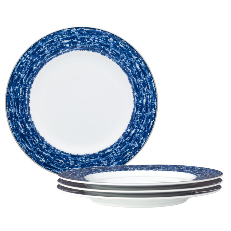 Blue and White Porcelain Salad Plates with Metallic Band, Set of 4