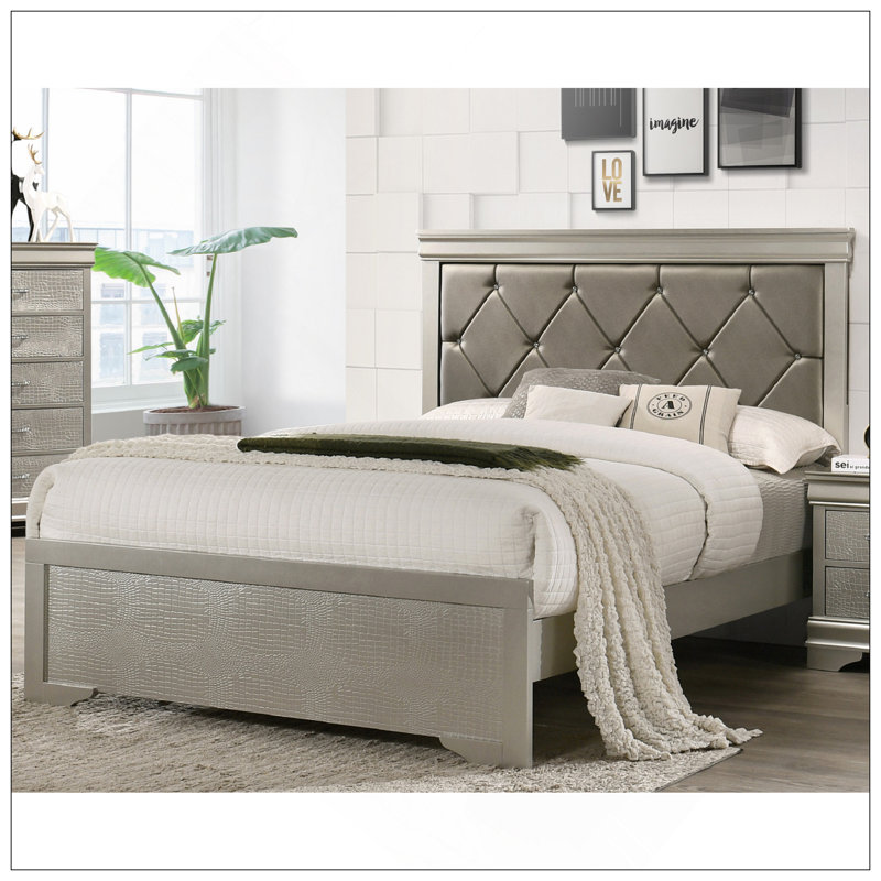 Mobilier de chambre à coucher capitonné en similicuir à boutons de cristal de style moderne avec panneau de lit grand format beige et champagne