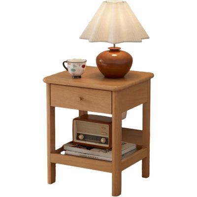 Scandinavian Solid Beech Nightstand With Drawer & Open Storage Shelf