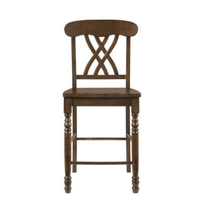 Chaise de comptoir à hauteur de comptoir de 2 avec finition noyer, en bois au design chevauchant Xx, pieds avant tournés, haut sans accoudoir, siège en bois massif, siège en caisson, siège en caisson, capacité de 220 lb, profondeur de 17 po, hauteur de 24 po, 22 po