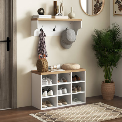 Ensemble de banc à chaussures 2-en-1, support à chaussures 9 paires avec portemanteau
