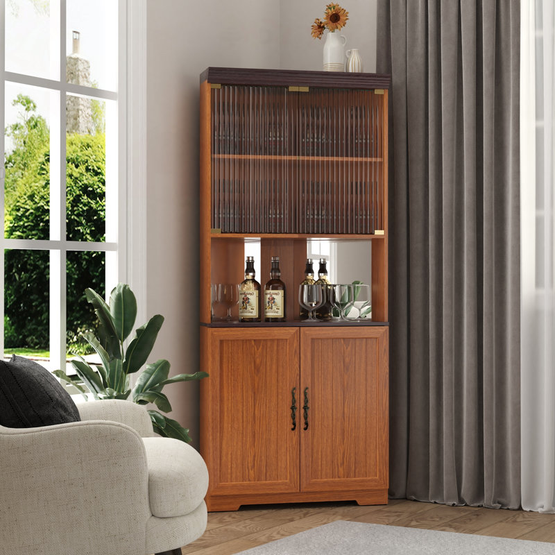 Armoire de rangement d'angle de 70,86 po de hauteur avec portes en verre et dossier en miroir, Dark Oak