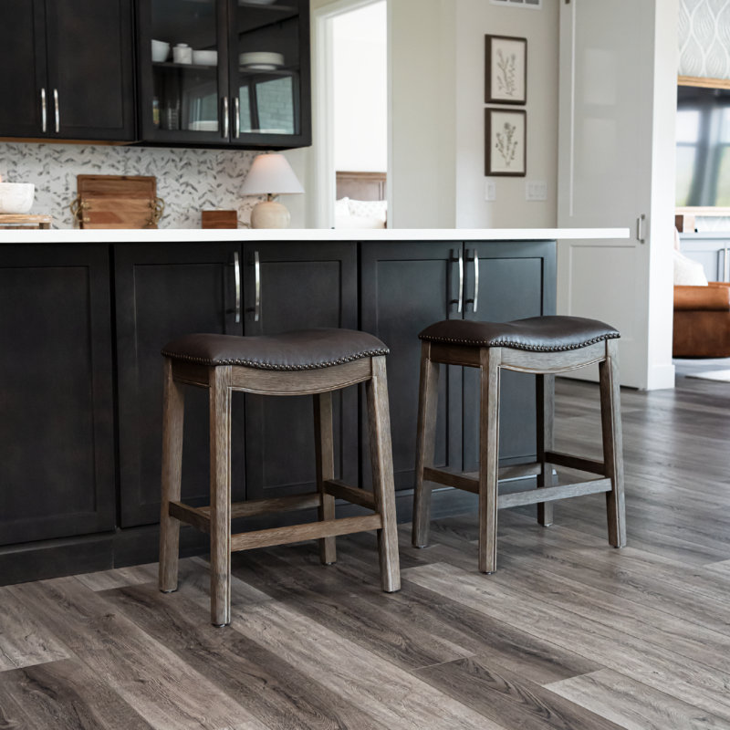 Maven Lane Adrien Backless Saddle Stool with Faux Leather Upholstery, Counter Stool (26" Seat Height), Marksman Saddle/Walnut