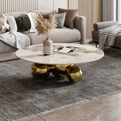 39.4" Modern Round Coffee Table with Glossy Sintered Stone Table-top, Livingroom Table with Stainless Steel Ball Legs
