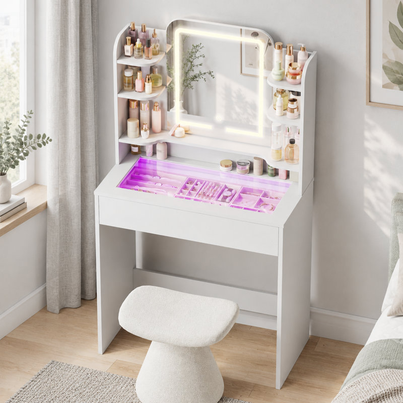 Coiffeuse avec miroir DEL, plateau en verre trempé et tablettes de rangement