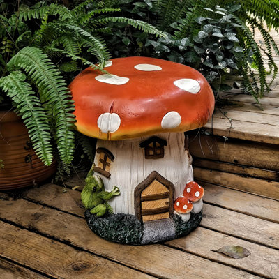 Mushroom House Garden Stool, Oversized Resin Sculpture & Fairy Forest Base, Decorative Stool for Home, Courtyard, Lawn, Indoor & Outdoor Spring & Summer Decoration