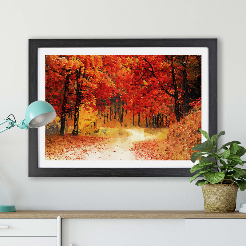 Path Through The Forest At Autumn - Single Picture Frame Painting, 45cm H x 63cm W x 2cm D, Black
