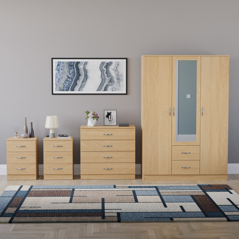 Tayce 4 Piece Bedroom Set (3 Drawer Bedside Chest X2, 4 Drawer Chest, 3 Door 2 Drawer Mirrored Wardrobe), Tan