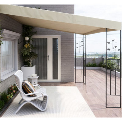 Pergola de terrasse en métal blanc crème, toit en toile 180 g/m² résistant aux éclaboussures d'eau, fixation sécurisée par piquets et vis, utilisation multiple pour des moments de détente au jardin, protection UPF 30+ contre les intempéries