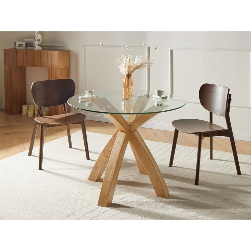 Oak Round Glass Top Solid Wood Base Dining Table