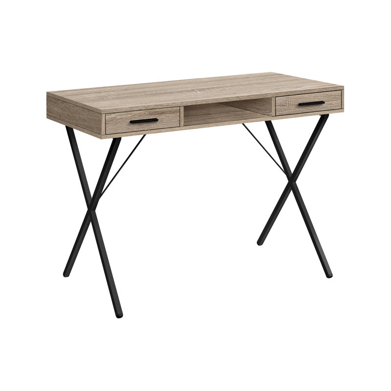 Bureau d'écriture de 107 cm (42 po) pour bureau à domicile - Style contemporain, stratifié brun, structure en métal, poste de travail informatique taupe, piètement noir, étagère ouverte