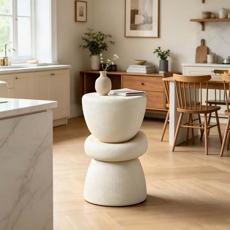Table d'appoint empilable organique sculpturale, fibre de verre ronde texturée crème pour le salon, aucun assemblage requis