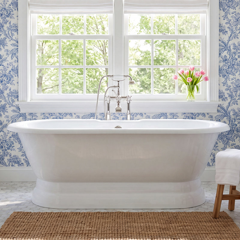 Kristin 61" Pedestal Soaking Cast Iron Bathtub, White Interior with White Exterior