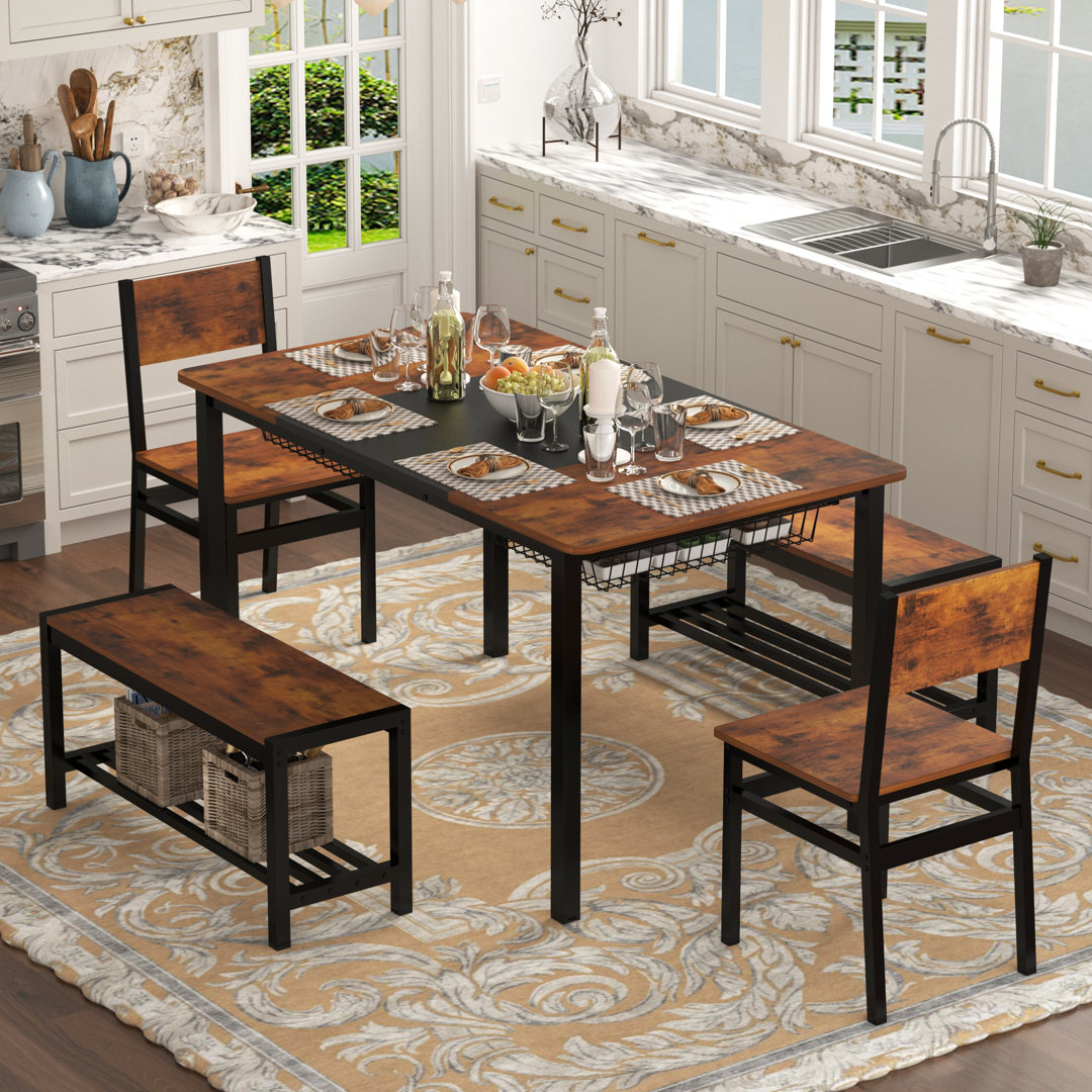 6-Person Dining Table Sets With Sliding Baskets And Benches 17 Stories