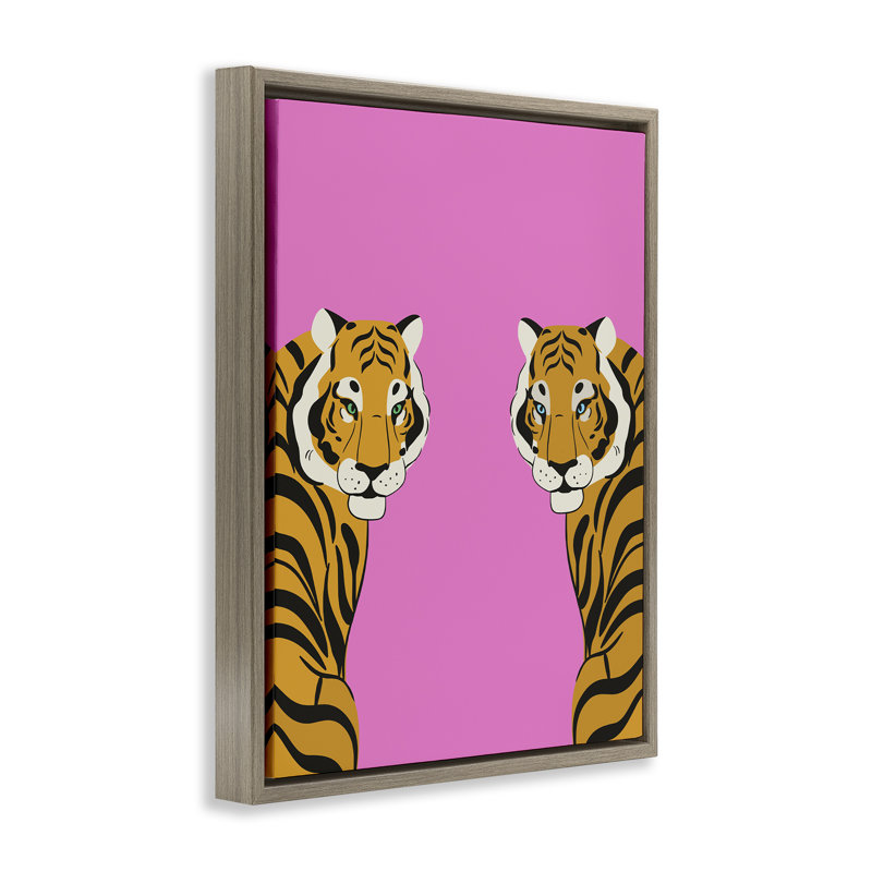 Tigres en miroir audacieux sur cadre flottant rose, design par House of Lulu, H 31 po x l 25 po
