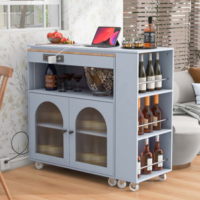 K&K Rolling Kitchen Island With Extended Table, Kitchen Island on Wheels with LED Lights,Power Outlets and 2 Fluted Glass Doors, Kitchen Island with a by Wrought Studio